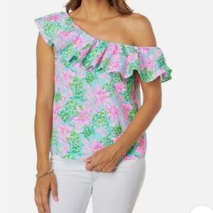 Lilly Pulitzer Asymmetrical Ruffled Blouse Surf Blue so shellagant. Small